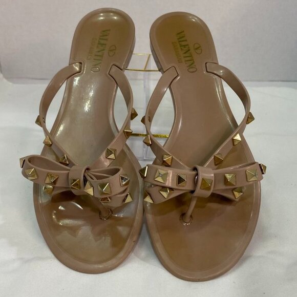 Valentino Garavani Rockstud Bow Jelly Thong Flip Flop Sandals Nude Beige 39 - Picture 13 of 15
